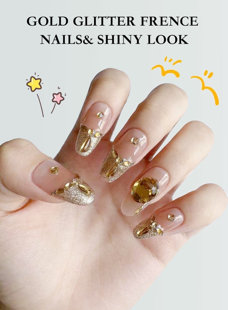 Luxury Gold Glitter French Tip Press On Nails - Oversized 3D Crystal Rhinestone Accents, Reusable Nude & Gold Ombre Fake Nails for Wedding & Gala Glamour - Image 3